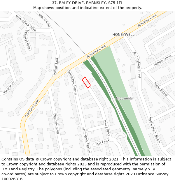 37, RALEY DRIVE, BARNSLEY, S75 1FL: Location map and indicative extent of plot