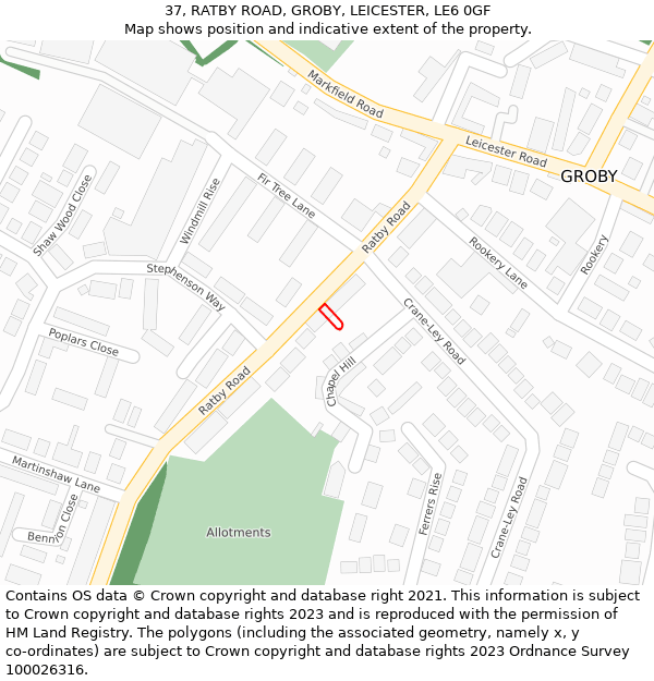 37, RATBY ROAD, GROBY, LEICESTER, LE6 0GF: Location map and indicative extent of plot