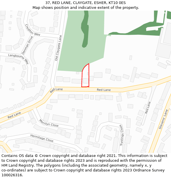 37, RED LANE, CLAYGATE, ESHER, KT10 0ES: Location map and indicative extent of plot
