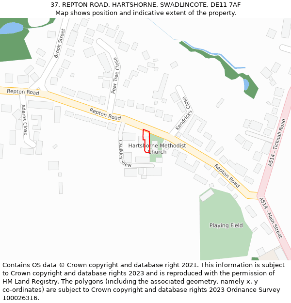 37, REPTON ROAD, HARTSHORNE, SWADLINCOTE, DE11 7AF: Location map and indicative extent of plot