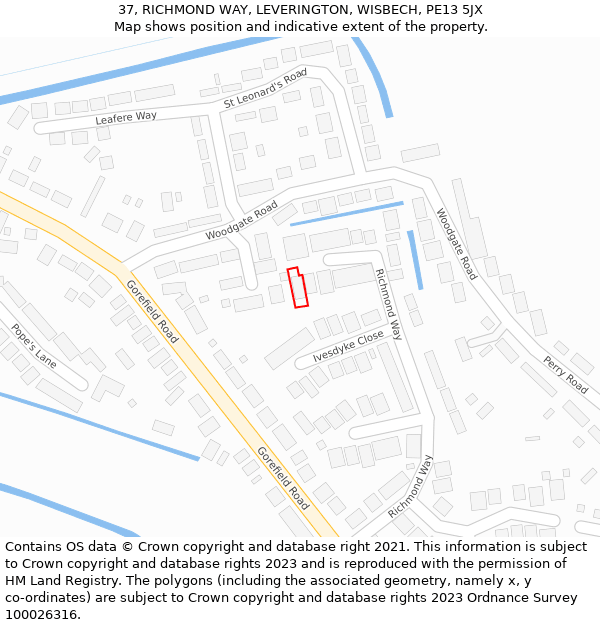 37, RICHMOND WAY, LEVERINGTON, WISBECH, PE13 5JX: Location map and indicative extent of plot