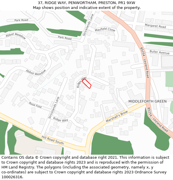 37, RIDGE WAY, PENWORTHAM, PRESTON, PR1 9XW: Location map and indicative extent of plot