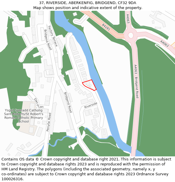 37, RIVERSIDE, ABERKENFIG, BRIDGEND, CF32 9DA: Location map and indicative extent of plot