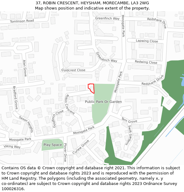 37, ROBIN CRESCENT, HEYSHAM, MORECAMBE, LA3 2WG: Location map and indicative extent of plot