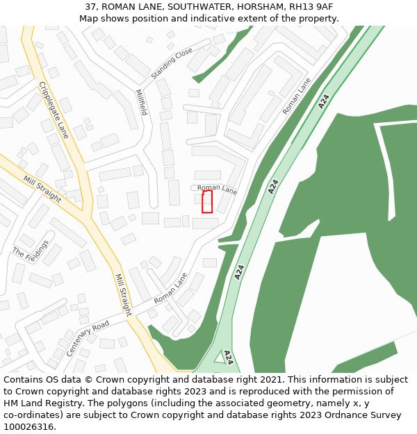 37, ROMAN LANE, SOUTHWATER, HORSHAM, RH13 9AF: Location map and indicative extent of plot