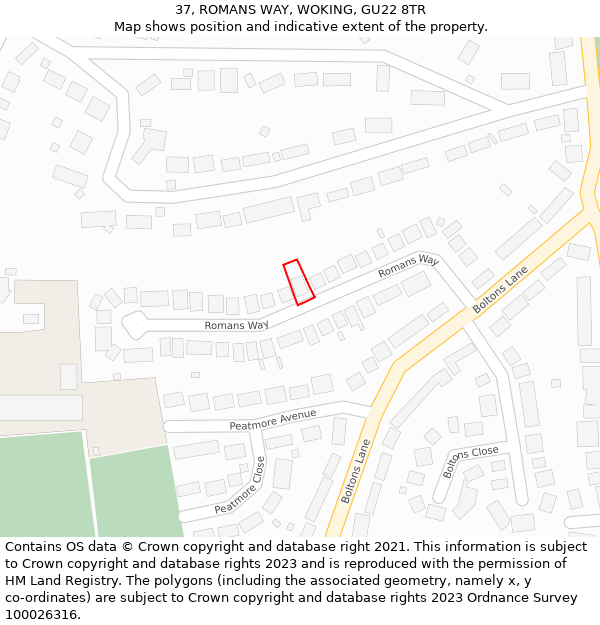 37, ROMANS WAY, WOKING, GU22 8TR: Location map and indicative extent of plot