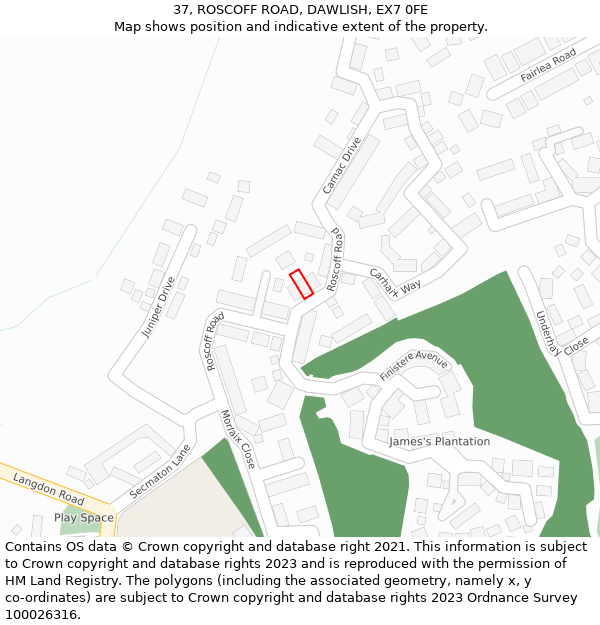37, ROSCOFF ROAD, DAWLISH, EX7 0FE: Location map and indicative extent of plot