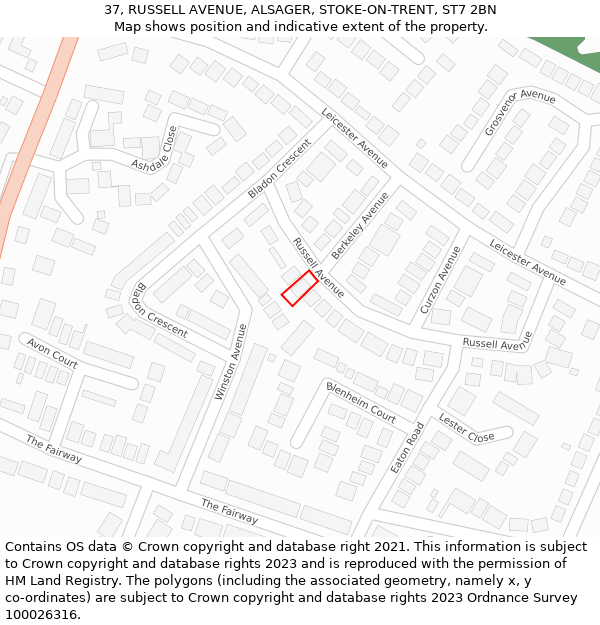 37, RUSSELL AVENUE, ALSAGER, STOKE-ON-TRENT, ST7 2BN: Location map and indicative extent of plot