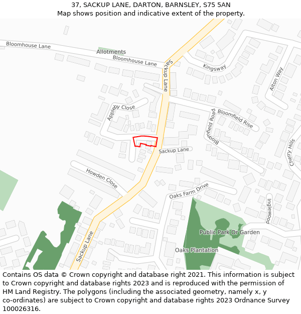 37, SACKUP LANE, DARTON, BARNSLEY, S75 5AN: Location map and indicative extent of plot