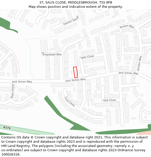 37, SALIS CLOSE, MIDDLESBROUGH, TS5 8FB: Location map and indicative extent of plot