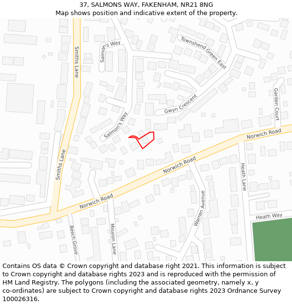 37, SALMONS WAY, FAKENHAM, NR21 8NG: Location map and indicative extent of plot