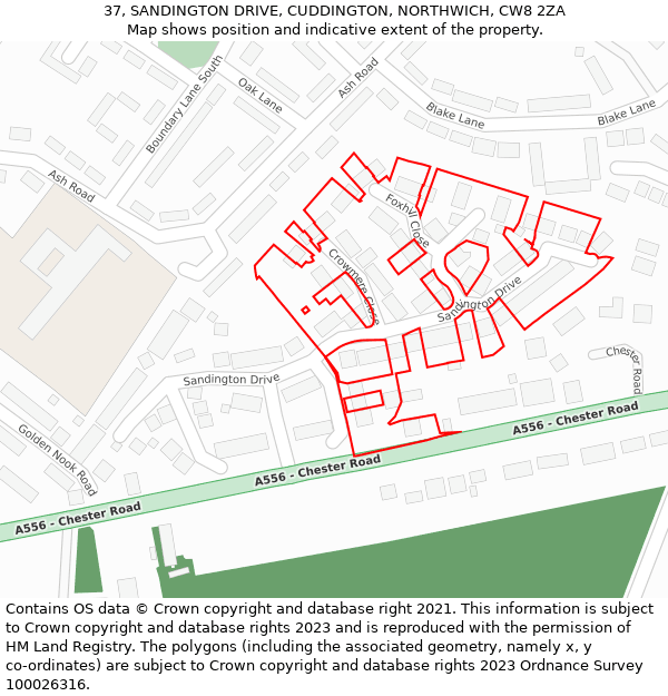 37, SANDINGTON DRIVE, CUDDINGTON, NORTHWICH, CW8 2ZA: Location map and indicative extent of plot