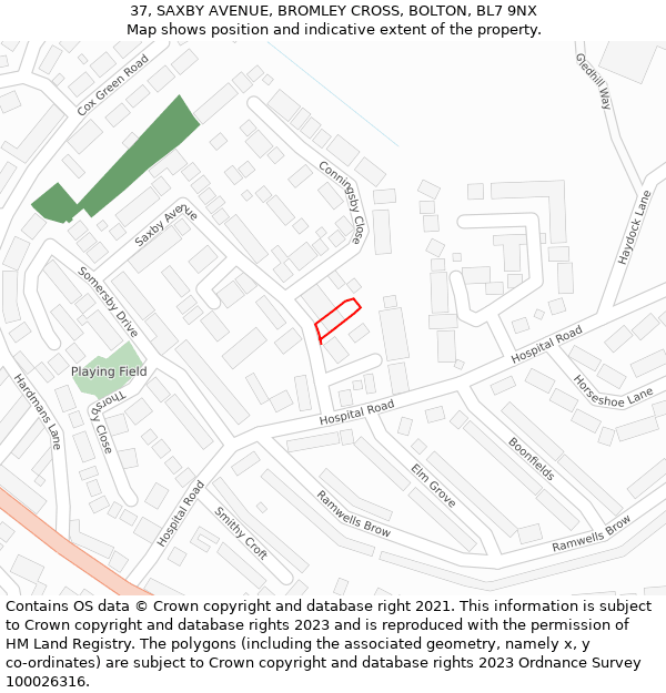37, SAXBY AVENUE, BROMLEY CROSS, BOLTON, BL7 9NX: Location map and indicative extent of plot