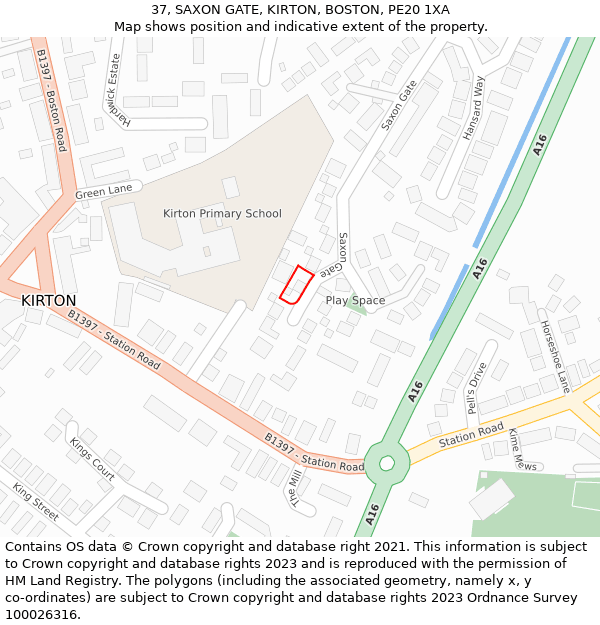 37, SAXON GATE, KIRTON, BOSTON, PE20 1XA: Location map and indicative extent of plot