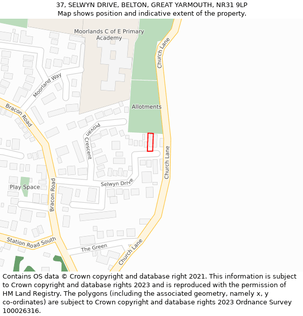 37, SELWYN DRIVE, BELTON, GREAT YARMOUTH, NR31 9LP: Location map and indicative extent of plot