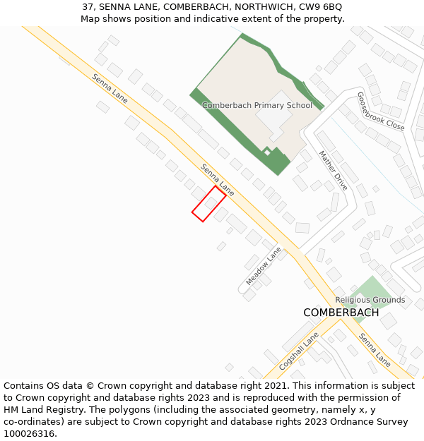 37, SENNA LANE, COMBERBACH, NORTHWICH, CW9 6BQ: Location map and indicative extent of plot