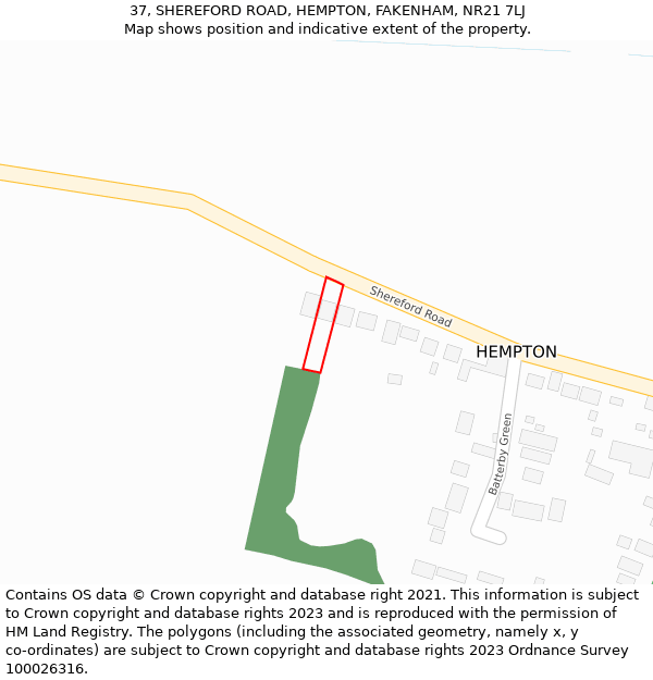 37, SHEREFORD ROAD, HEMPTON, FAKENHAM, NR21 7LJ: Location map and indicative extent of plot