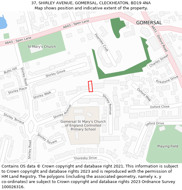 37, SHIRLEY AVENUE, GOMERSAL, CLECKHEATON, BD19 4NA: Location map and indicative extent of plot