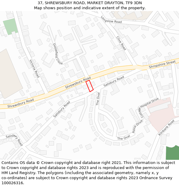 37, SHREWSBURY ROAD, MARKET DRAYTON, TF9 3DN: Location map and indicative extent of plot