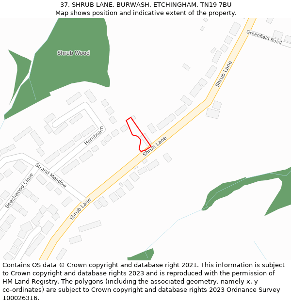 37, SHRUB LANE, BURWASH, ETCHINGHAM, TN19 7BU: Location map and indicative extent of plot