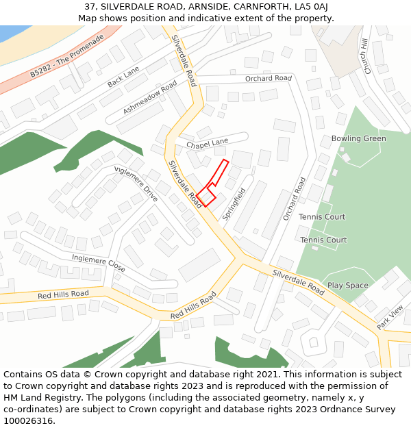 37, SILVERDALE ROAD, ARNSIDE, CARNFORTH, LA5 0AJ: Location map and indicative extent of plot