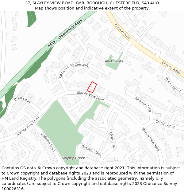 37, SLAYLEY VIEW ROAD, BARLBOROUGH, CHESTERFIELD, S43 4UQ: Location map and indicative extent of plot