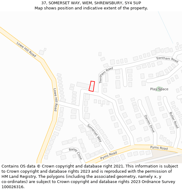 37, SOMERSET WAY, WEM, SHREWSBURY, SY4 5UP: Location map and indicative extent of plot