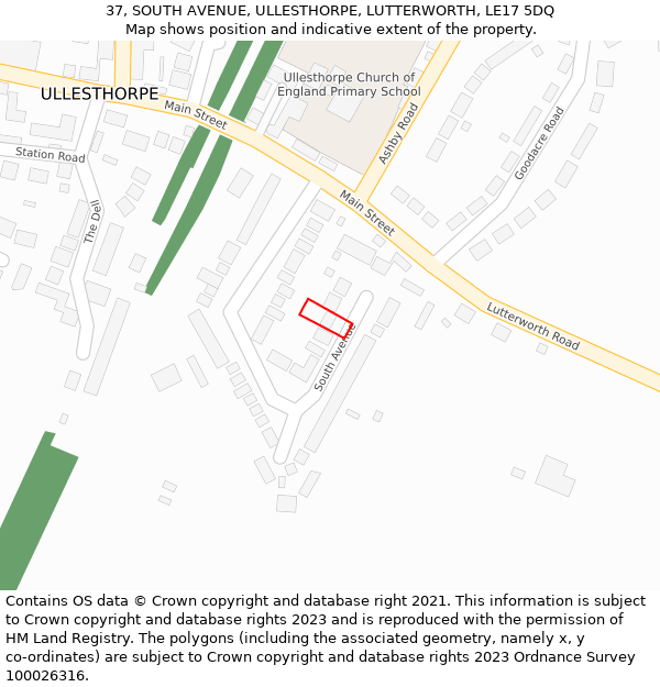 37, SOUTH AVENUE, ULLESTHORPE, LUTTERWORTH, LE17 5DQ: Location map and indicative extent of plot