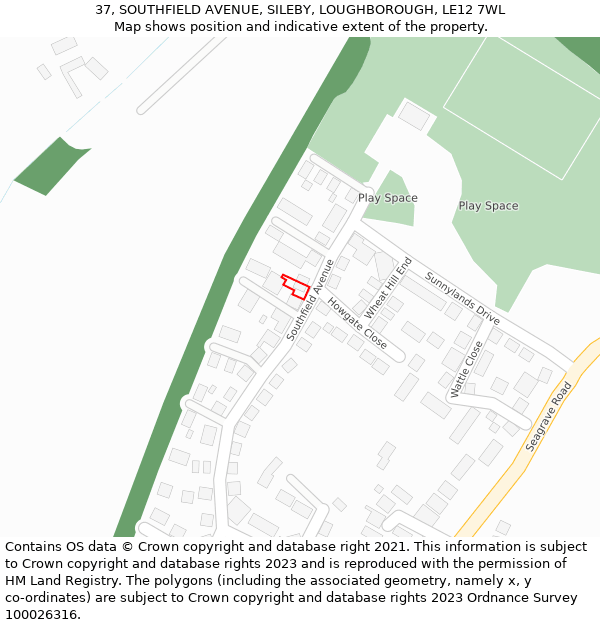 37, SOUTHFIELD AVENUE, SILEBY, LOUGHBOROUGH, LE12 7WL: Location map and indicative extent of plot