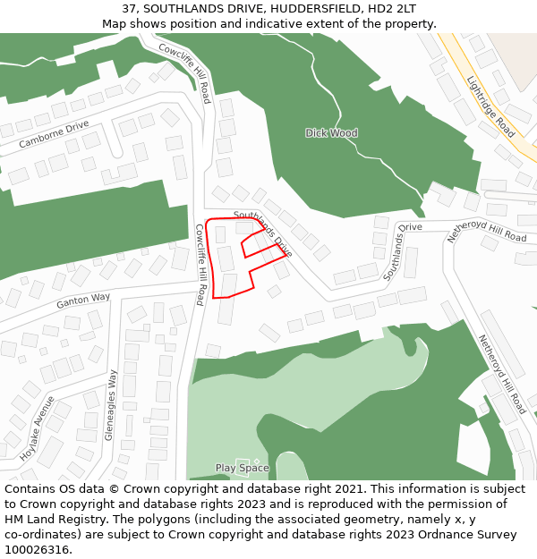 37, SOUTHLANDS DRIVE, HUDDERSFIELD, HD2 2LT: Location map and indicative extent of plot
