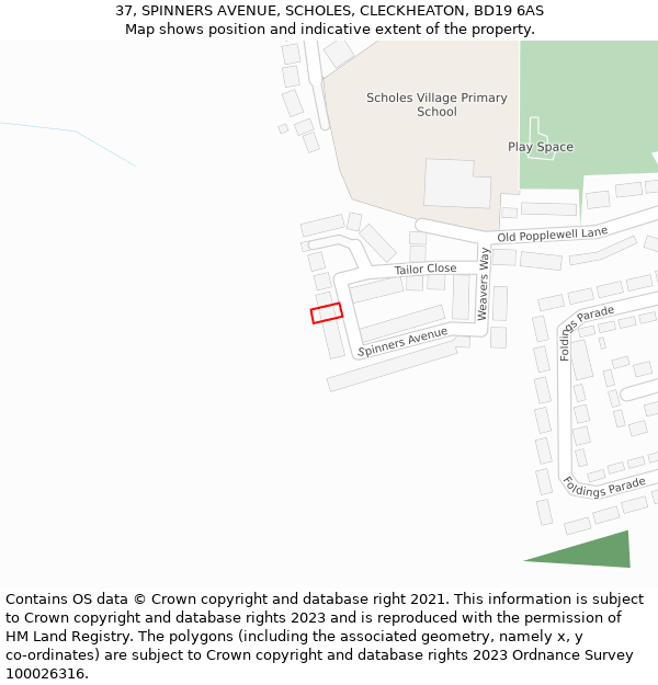 37, SPINNERS AVENUE, SCHOLES, CLECKHEATON, BD19 6AS: Location map and indicative extent of plot