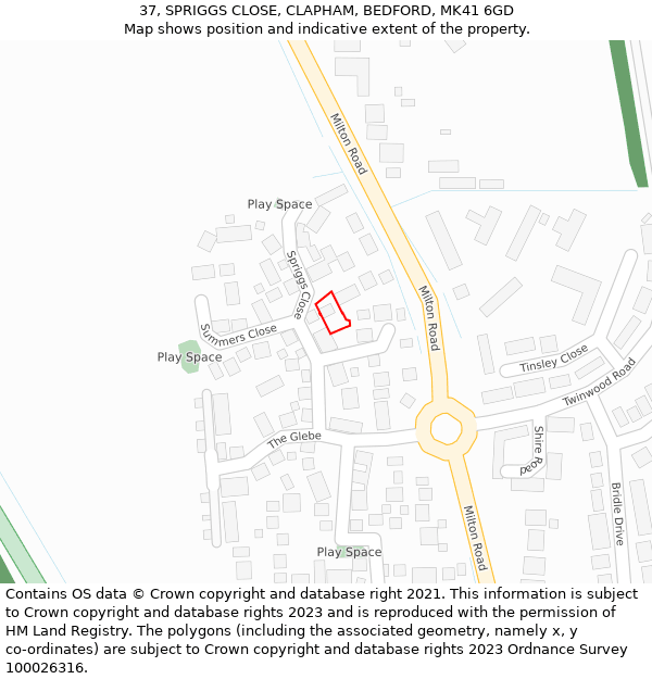 37, SPRIGGS CLOSE, CLAPHAM, BEDFORD, MK41 6GD: Location map and indicative extent of plot