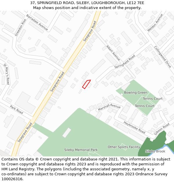 37, SPRINGFIELD ROAD, SILEBY, LOUGHBOROUGH, LE12 7EE: Location map and indicative extent of plot