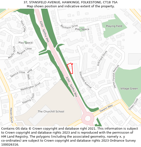 37, STANSFELD AVENUE, HAWKINGE, FOLKESTONE, CT18 7SA: Location map and indicative extent of plot