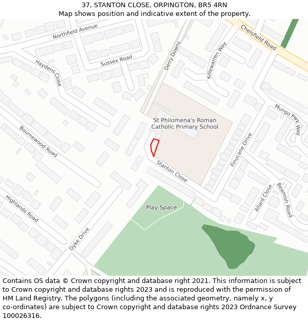 37, STANTON CLOSE, ORPINGTON, BR5 4RN: Location map and indicative extent of plot