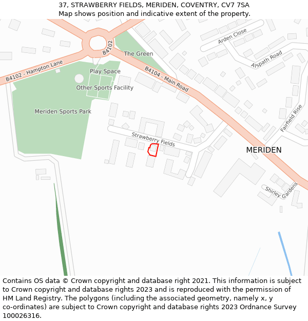 37, STRAWBERRY FIELDS, MERIDEN, COVENTRY, CV7 7SA: Location map and indicative extent of plot