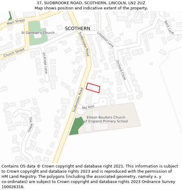 37, SUDBROOKE ROAD, SCOTHERN, LINCOLN, LN2 2UZ: Location map and indicative extent of plot