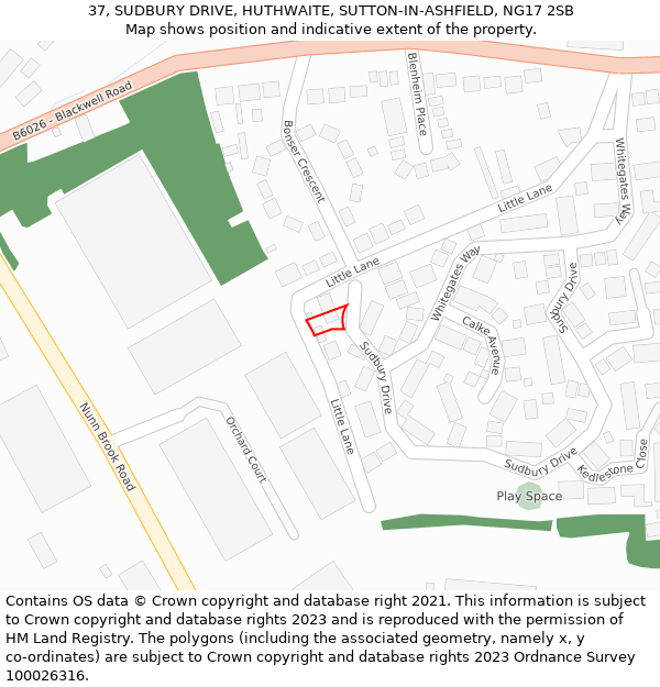 37, SUDBURY DRIVE, HUTHWAITE, SUTTON-IN-ASHFIELD, NG17 2SB: Location map and indicative extent of plot