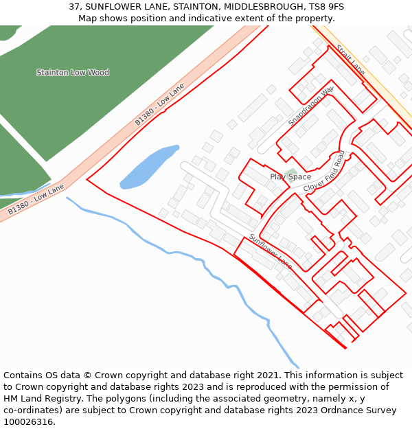 37, SUNFLOWER LANE, STAINTON, MIDDLESBROUGH, TS8 9FS: Location map and indicative extent of plot