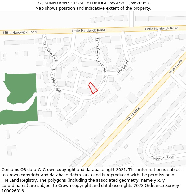 37, SUNNYBANK CLOSE, ALDRIDGE, WALSALL, WS9 0YR: Location map and indicative extent of plot