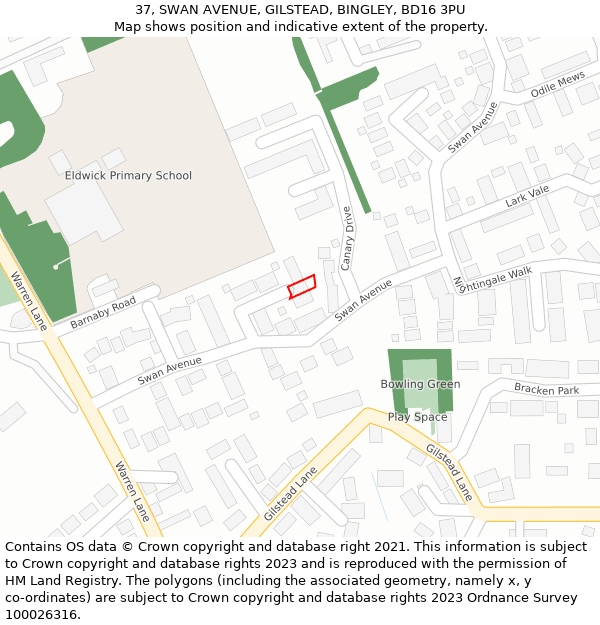 37, SWAN AVENUE, GILSTEAD, BINGLEY, BD16 3PU: Location map and indicative extent of plot