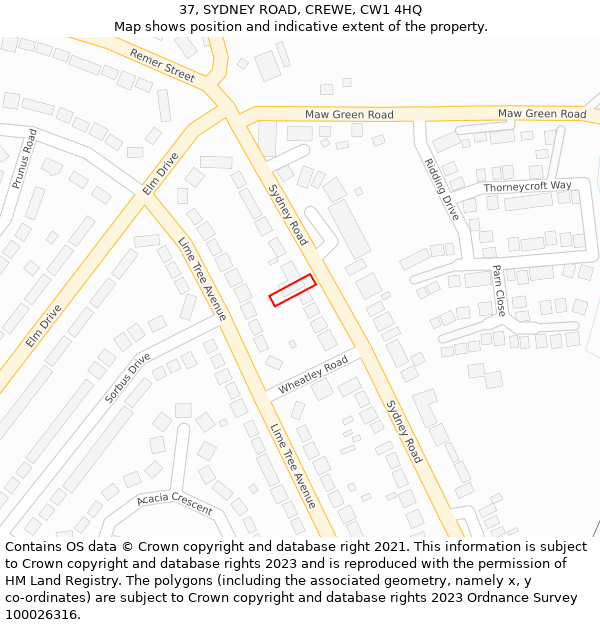 37, SYDNEY ROAD, CREWE, CW1 4HQ: Location map and indicative extent of plot