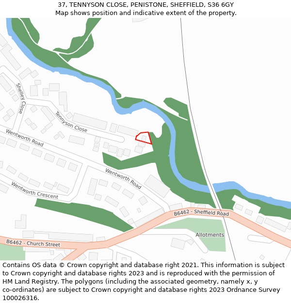 37, TENNYSON CLOSE, PENISTONE, SHEFFIELD, S36 6GY: Location map and indicative extent of plot