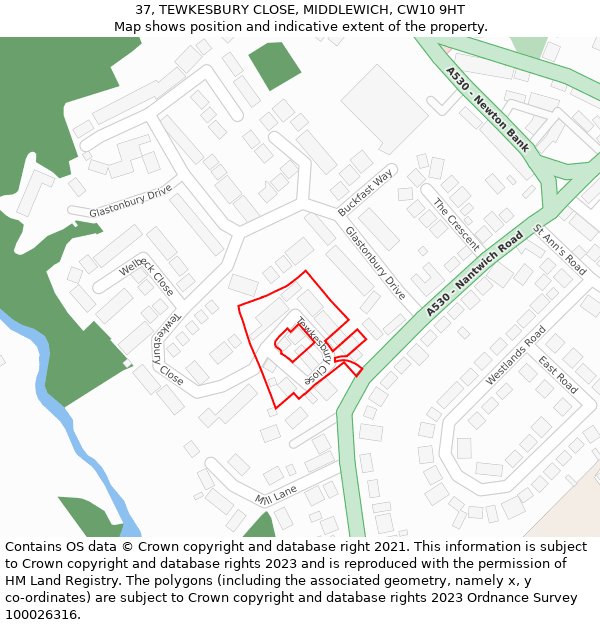 37, TEWKESBURY CLOSE, MIDDLEWICH, CW10 9HT: Location map and indicative extent of plot