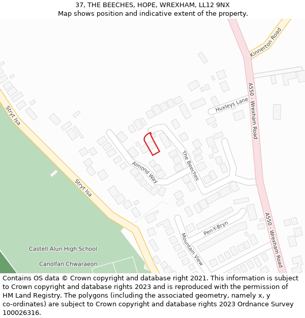 37, THE BEECHES, HOPE, WREXHAM, LL12 9NX: Location map and indicative extent of plot