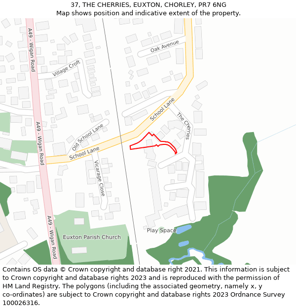 37, THE CHERRIES, EUXTON, CHORLEY, PR7 6NG: Location map and indicative extent of plot