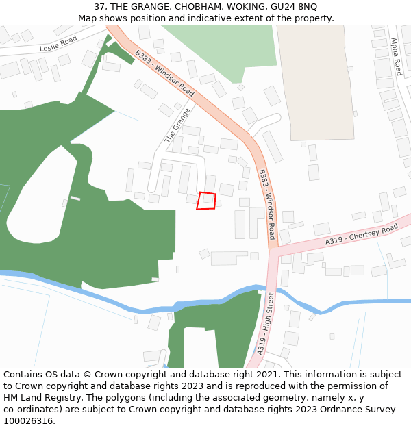 37, THE GRANGE, CHOBHAM, WOKING, GU24 8NQ: Location map and indicative extent of plot