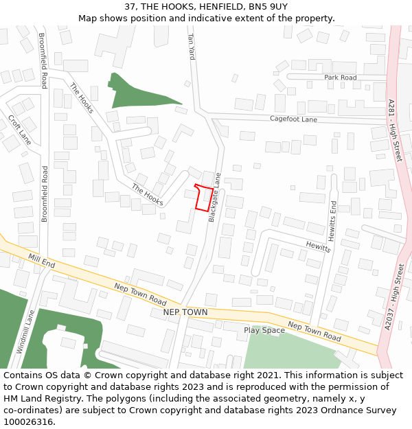 37, THE HOOKS, HENFIELD, BN5 9UY: Location map and indicative extent of plot