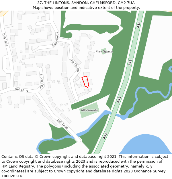 37, THE LINTONS, SANDON, CHELMSFORD, CM2 7UA: Location map and indicative extent of plot