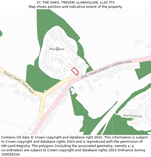 37, THE OAKS, TREVOR, LLANGOLLEN, LL20 7TX: Location map and indicative extent of plot